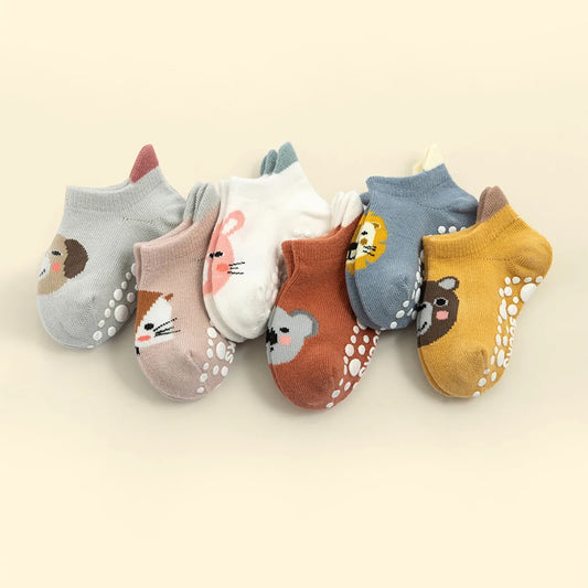 6 Pairs/Lot Cotton Baby Anti-Slip Boat Socks for Boys Girls Low Cut Floor Kids Toddler Sock with Rubber Grips for 0-5Years