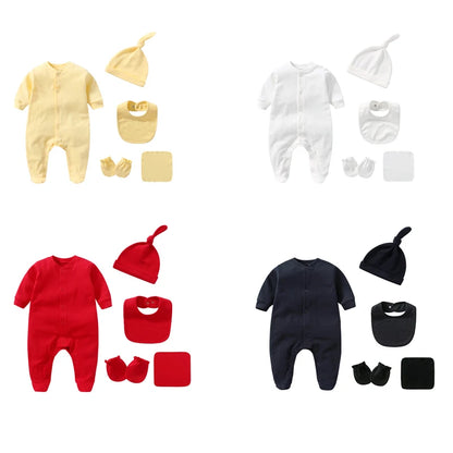 Baby Set Newborn Baby Boy Girl Clothing 100% Cotton Long Sleeved Solid Color Rompers Hat Bib Suit 0-3 Months Infant Products