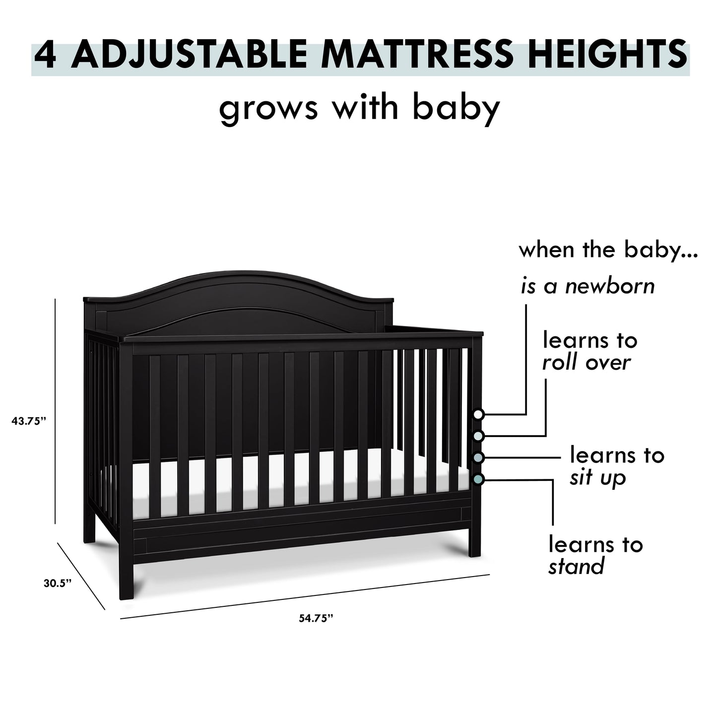 Charlie 4-In-1 Convertible Crib, Greenguard Gold Certified, Ebony